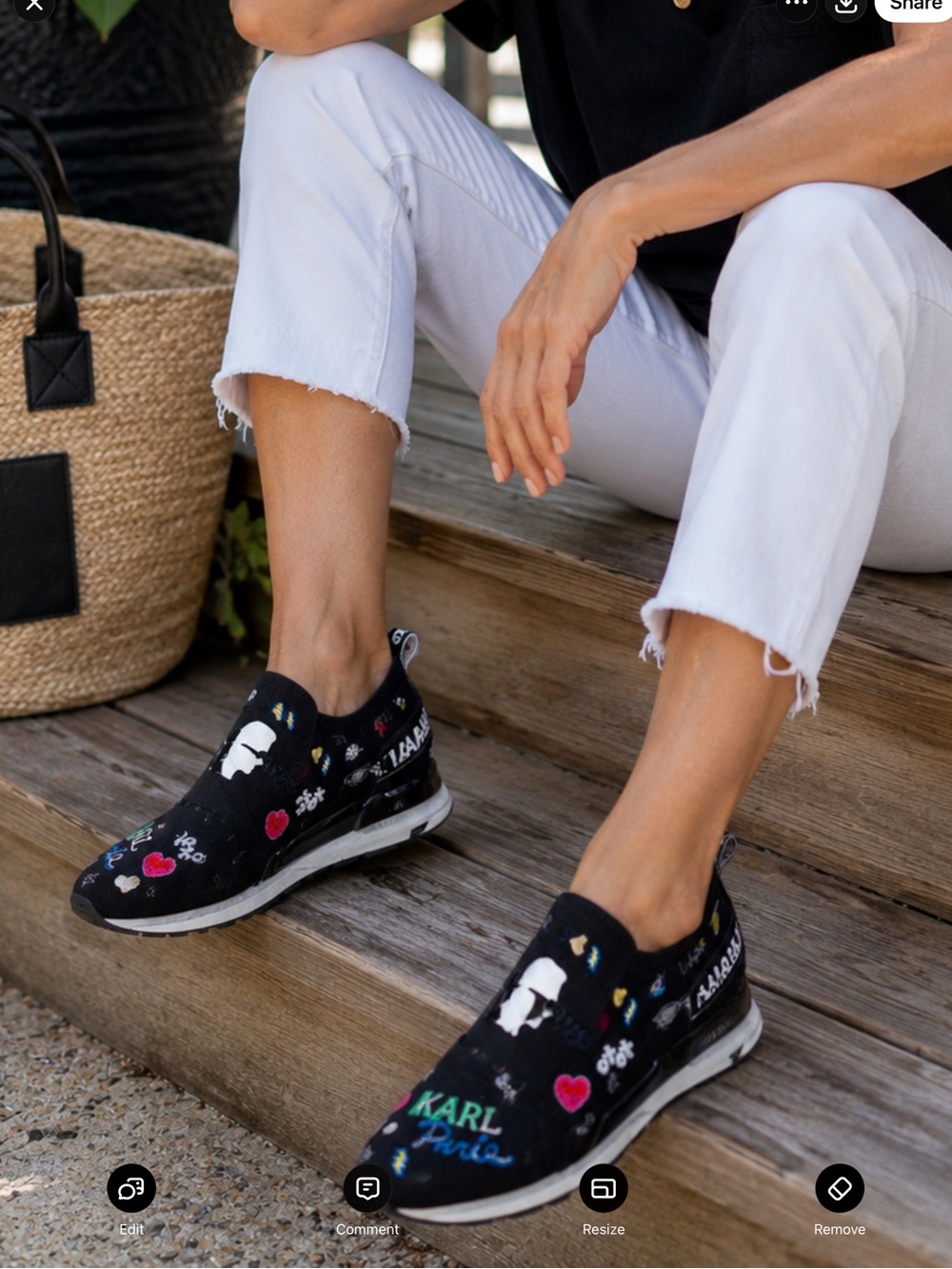 Karl Lagerfeld Slip-On Sneakers Women’s 9.5 Black Graffiti Embroidered